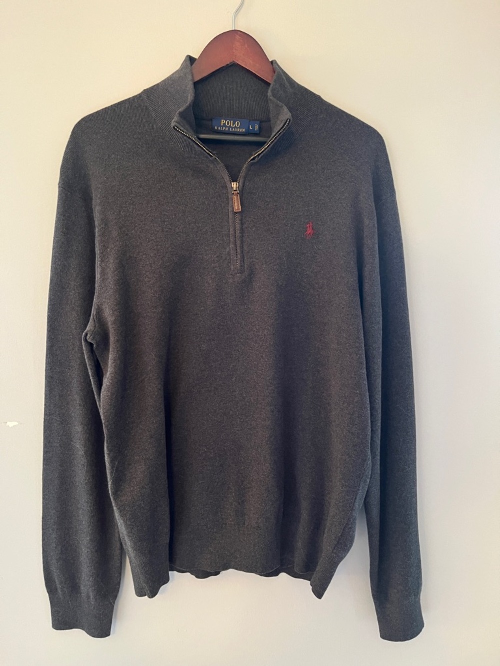 Polo by Ralph Lauren Men's Dark Charcoal Quarter-Zip Sweater with Red Pony